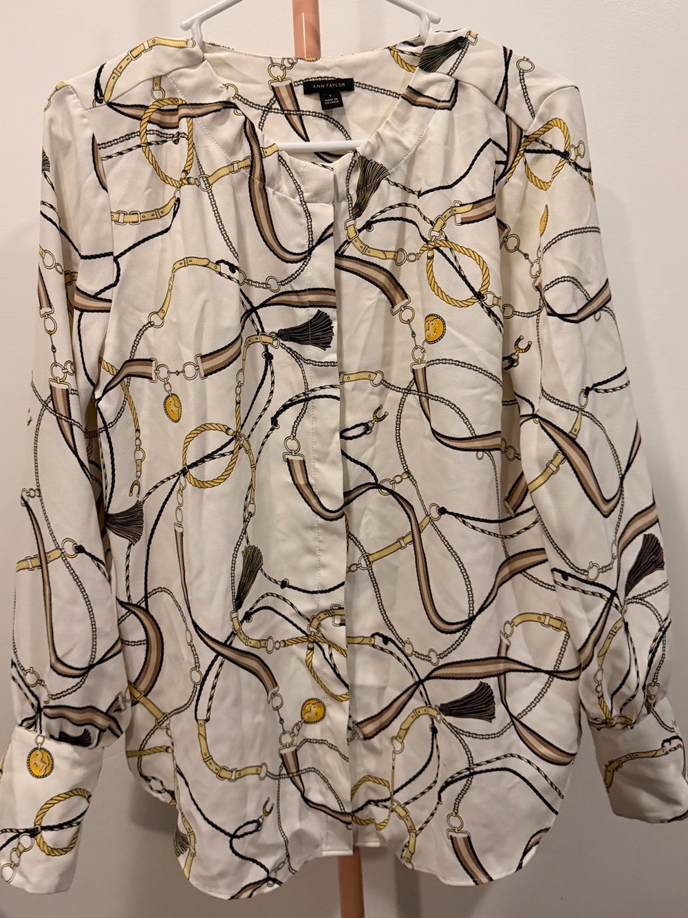 Ann Taylor White Blouse with Chain Print